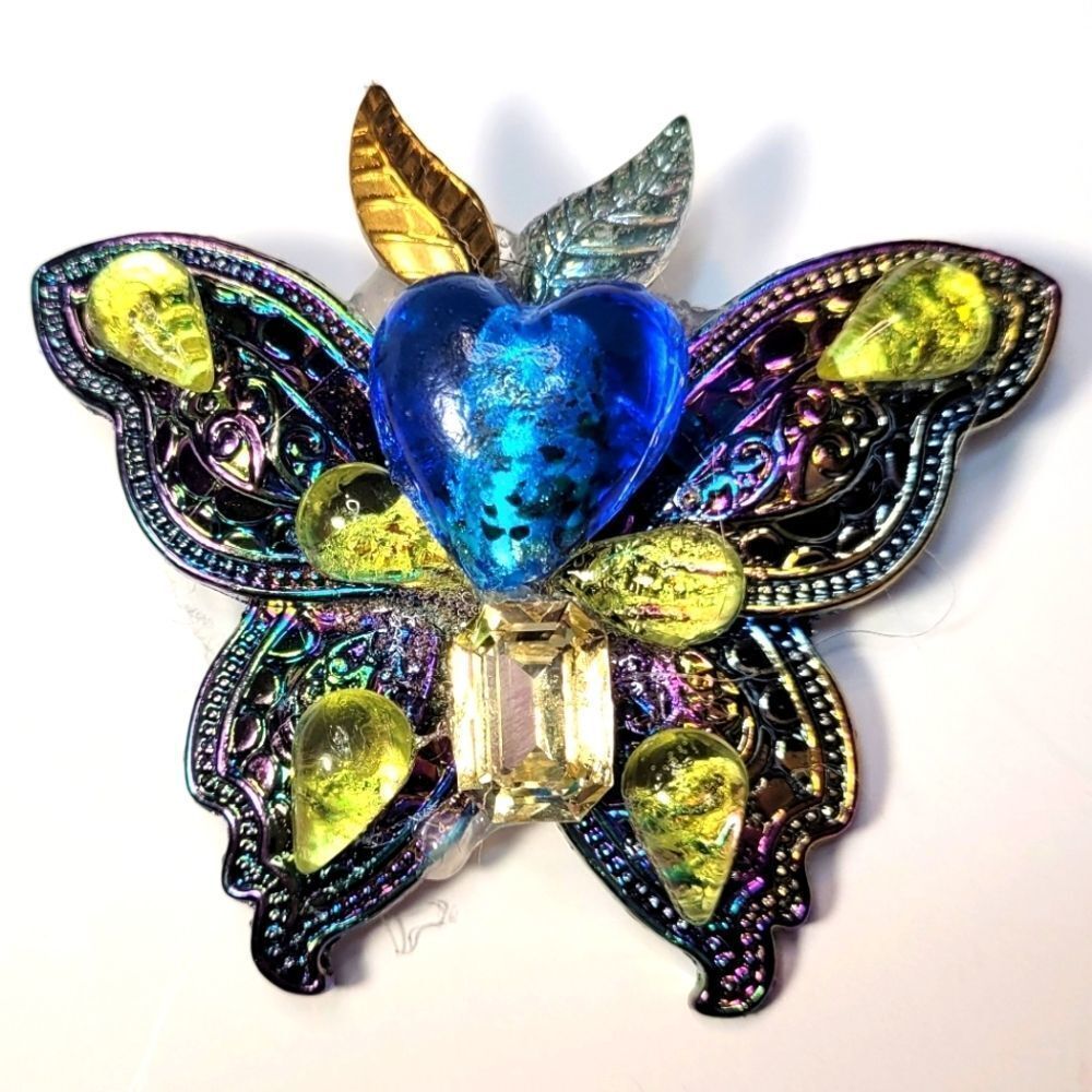Wendy Gell Mercury Glass Butterfly, Heart With Yellow Pin.